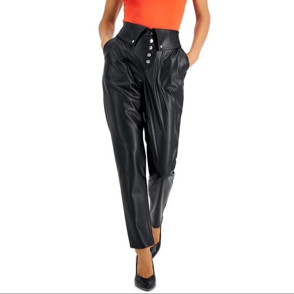 Bar III Pants - BAR III Black Faux-Leather Button-Front Pants, Created for Macy's
